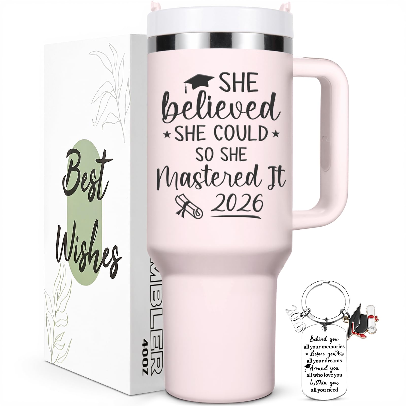 Lifecapido Graduation Gifts for Her, She Believed She Could So She Mastered It 2026 40oz Tumbler with Key Chain, College Masters Degree Graduation Gifts for Graduates Friends Classmates, Rose Quartz