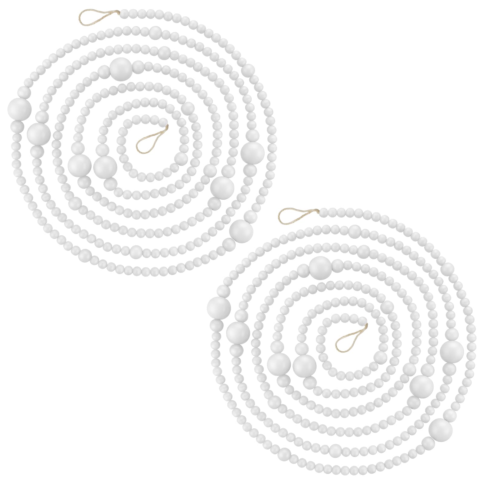 Lot de 2 guirlandes de perles en bois de Noël de 7,3 m – Décorations de style bohème pour sapin de Noël – Style rustique et rustique – Perles rondes à suspendre (blanc)