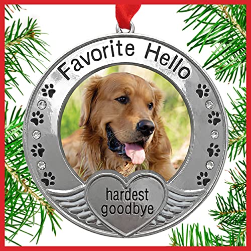 Banberry Designs Pet Memorial Ornament - Picture Ornament For A Pet - Engraved With The Saying Favorite Hello, Hardest Goodbye - Pet Remembrance - 2 Pack - Gift/Storage Bag Included #TOP3
