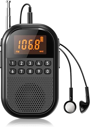 Radio AM FM de bolsillo radio recargable de 1100 mAh compatible con Bluetooth, mini receptor FM AM con altavoz grande, auriculares estéreo,