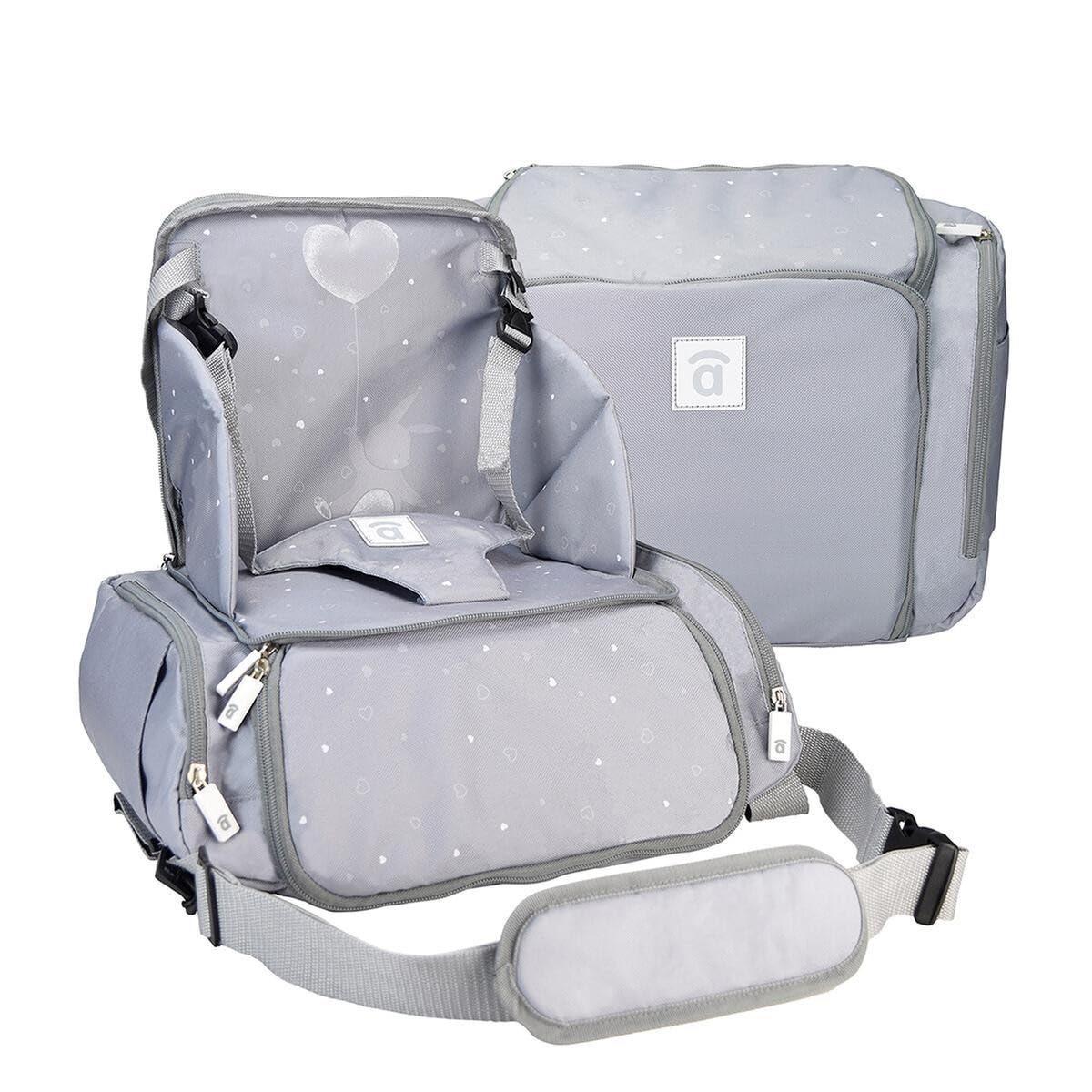 Asalvo BOOSTER SUSHI Trona Portátil Bebé para Viajes y Comidas Fuera, Tronas de Bebé Compactas con Bolsillos para Accesorios, Trona Plegable y Portátil para Bebés con Arnés de Seguridad, Gris