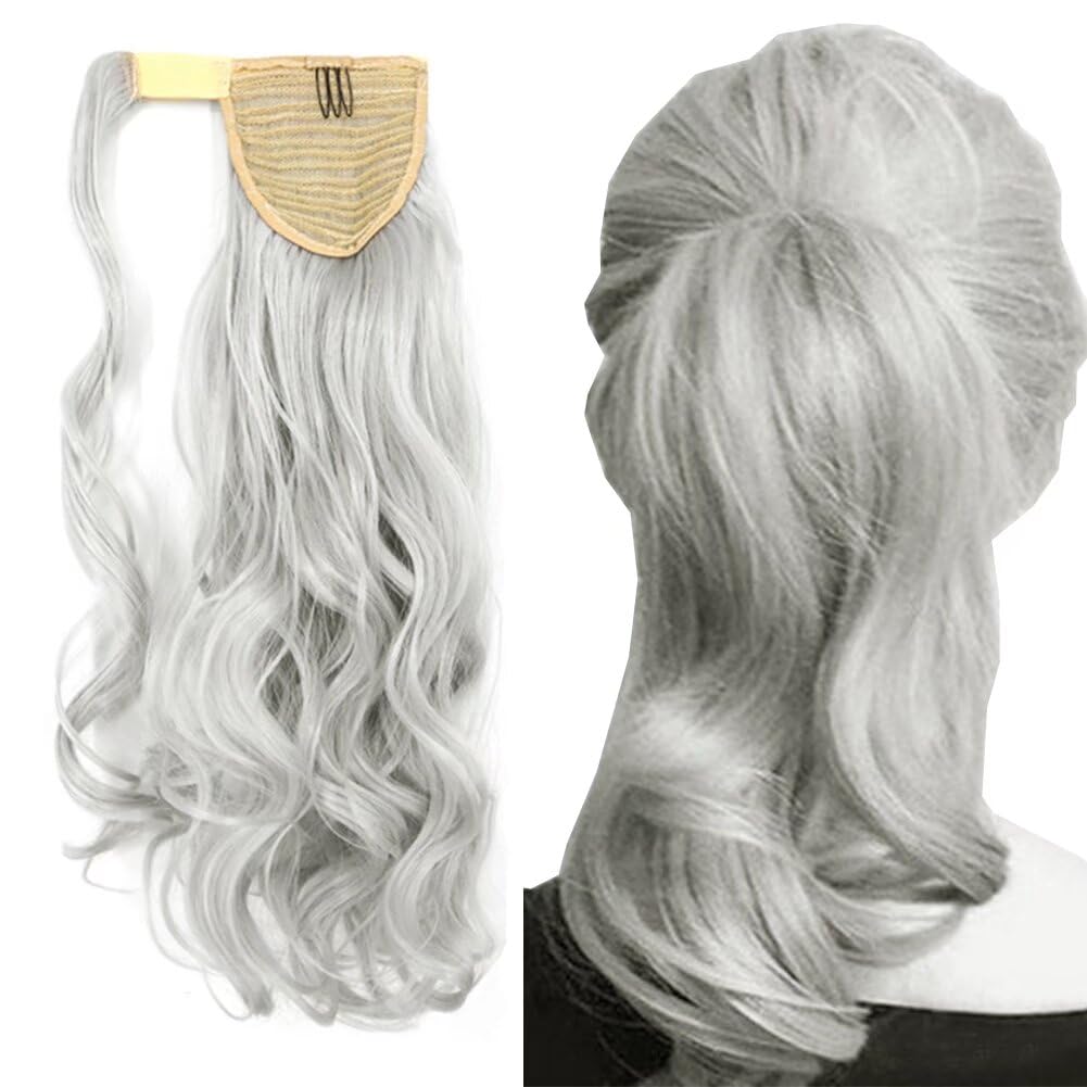 iLUU Silver Clip In Ponytail Hair Extension Wrap Around Synthetic Pony Tail Long Curly Wavy Hairpiece Hair Piece Ponytails Hair Extensions for Women