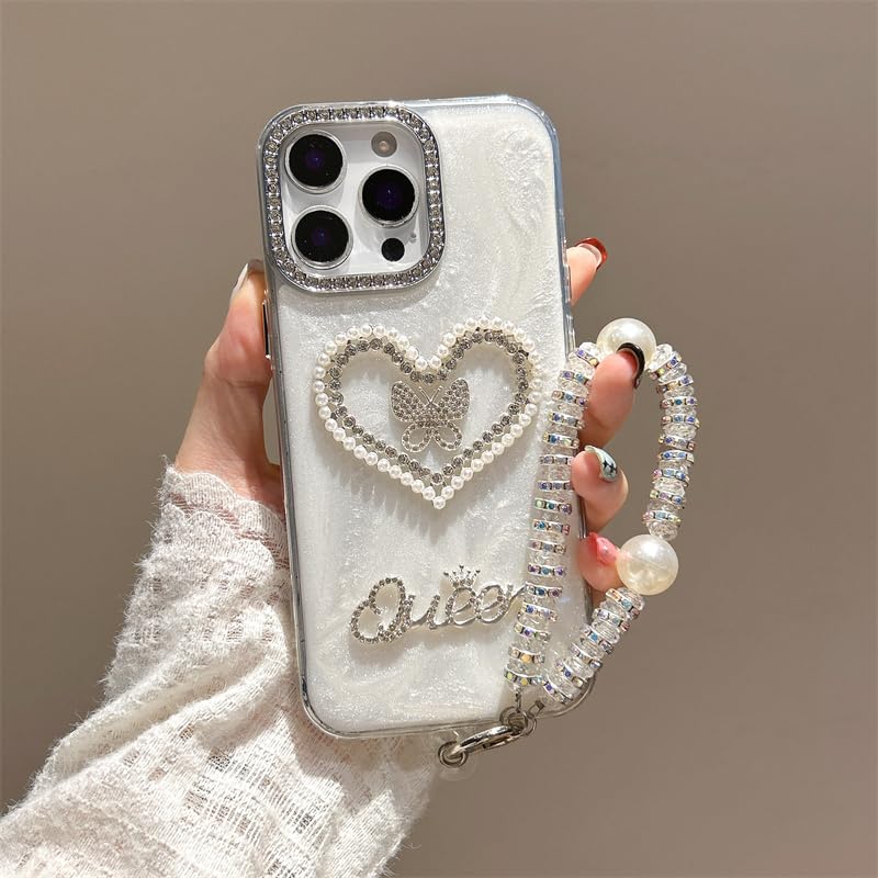 PONRFEKT Funda Glitter para Honor magic4 Lite / X95G,Funda de TPU antigolpes con Marco de cámara con Strass Correa de muñeca con Perlas diseño corazón Mariposa Carcasa-Blanco