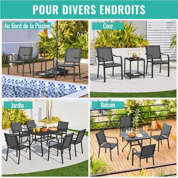 Yaheetech Lot de 2 Chaise de Jardin Extérieur Fauteuil de Jardin Empilable Chaises de Terrasse Chaises de Salle à Manger 56,5 L× 67 P × 86,5 cm pour Patio Balcon Terrasse Gris