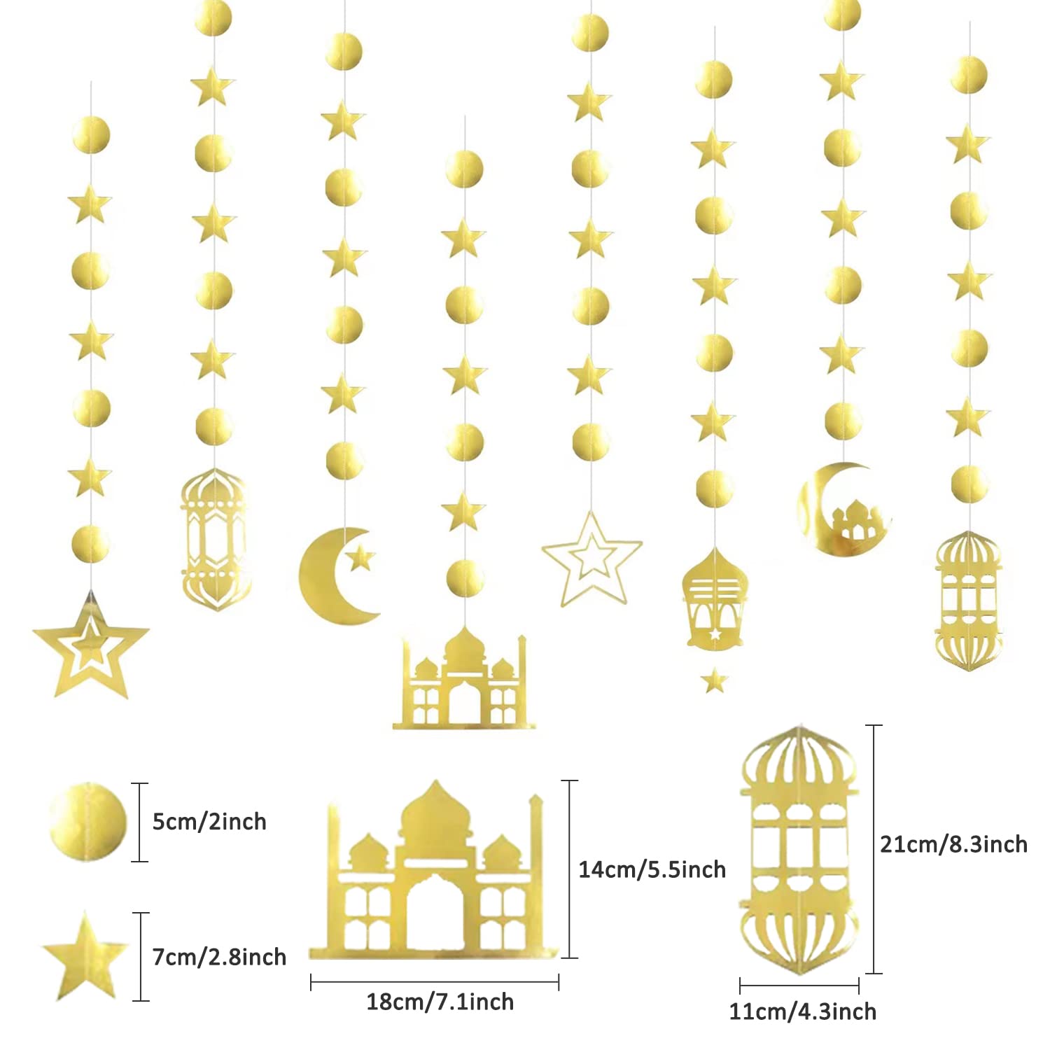 Decorazione Ramadan Mubarak - Ghirlanda Con Stella Luna E Lanterna - Banner Eid Oro