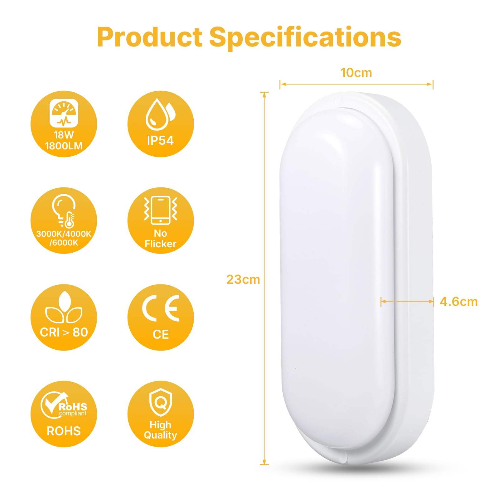 Plafoniera LED Esterno, 18W 1800LM Applique da Parete Interno, IP54 Lampada Led Soffitto Ovale Luci, 3000K/4000K/6000K Applique Bagno Luce per Balcone Scale Corridoio Garage, 2 Pezzo