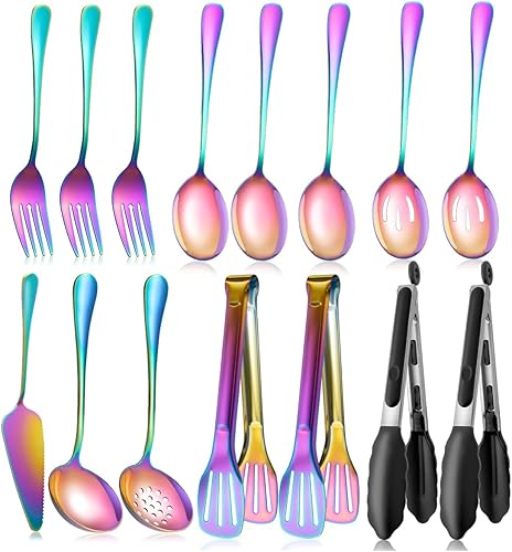 Miniatura 27 de Juego de utensilios de servir dorados para fiestas, cucharas grandes de metal de acero inoxidable, cucharas ranuradas, tenedores, pinzas, cucharas