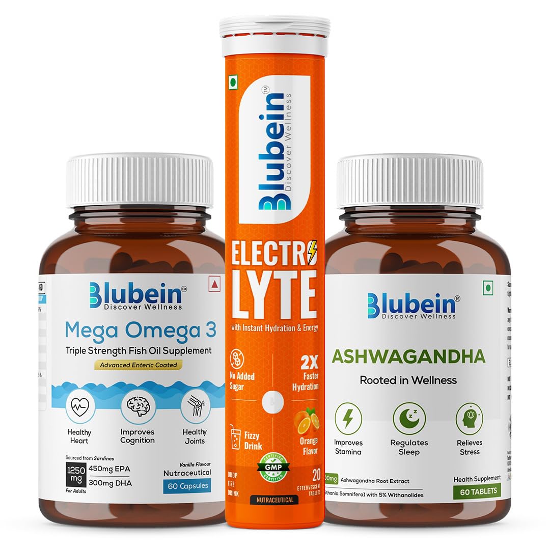 Blubein Fitness Combo|Mega Omega 3 Fish oil Capsules 60N|Ashwagandha with 5% withanolides 60N | Electrolyte for Instant Energy 20N
