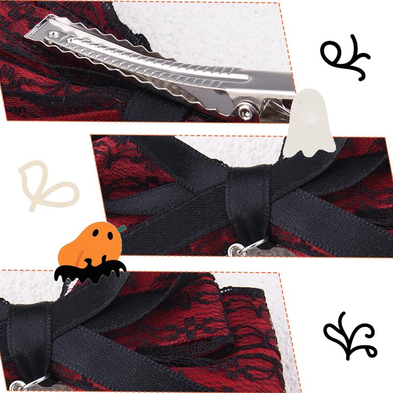 Gothic Lace Bow Hair Clip with Cross Pendant Halloween Cosplay Hair Accessories for Women Red Black Bowknot Hairclip for Girls Goth Halloween Party Hairpins - Image 4