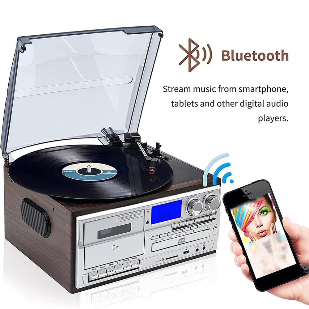Tourne-disque Bluetooth avec haut-parleurs intégrés – Tourne-disque vintage à 3 vitesses, lecteur CD et cassette, couvercle anti-poussière givré pour moins de bruit – Idéal pour le divertissement