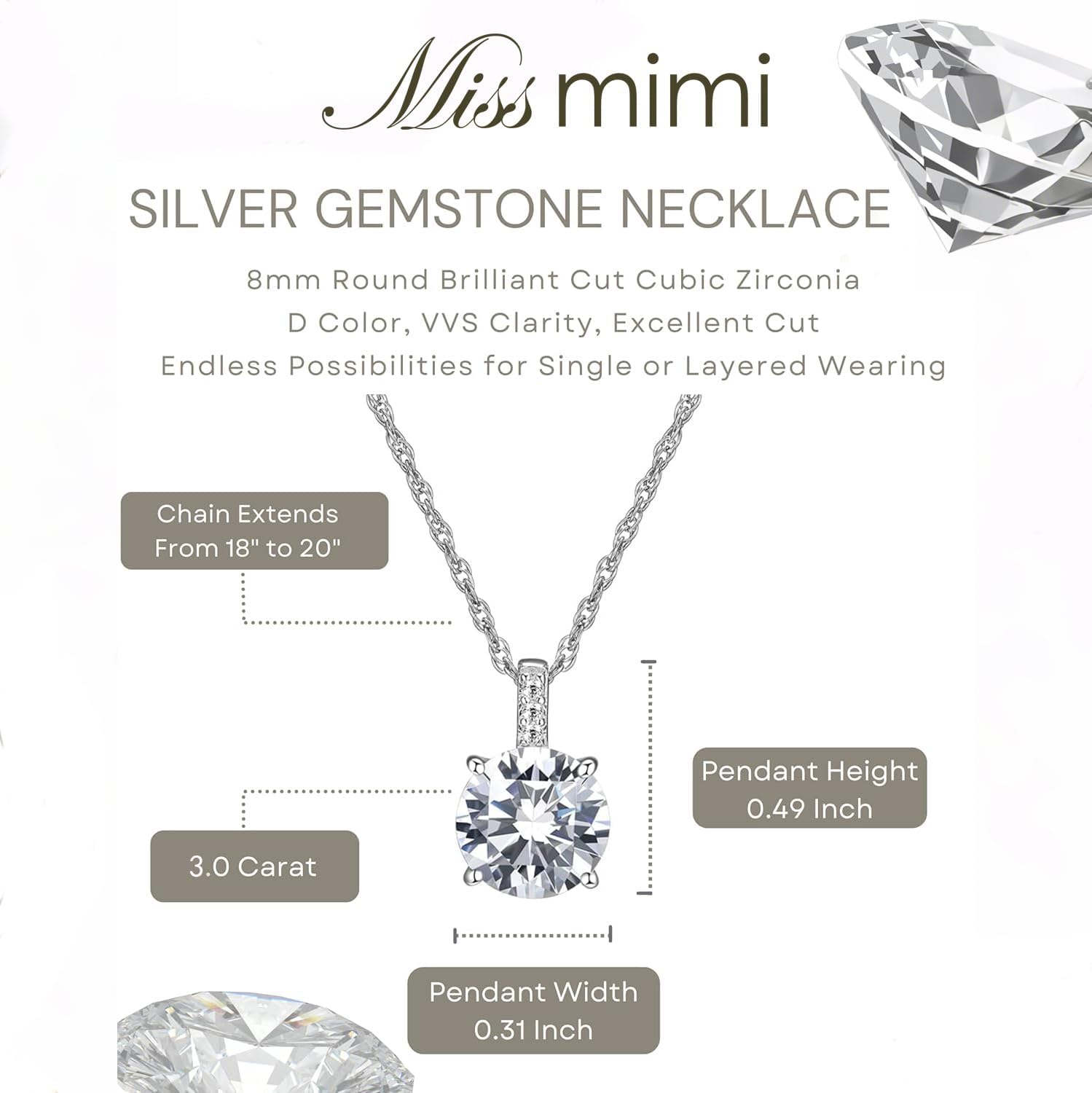 MISS MIMI Solitaire Cubic Zirconia Necklace for Women, 1–3 CT Round,Heart,Princess Cut CZ Options, Bezel or Prong Set in 925 Sterling Silver, Adjustable 16–20" Minimalist Everyday Jewelry - Image 3
