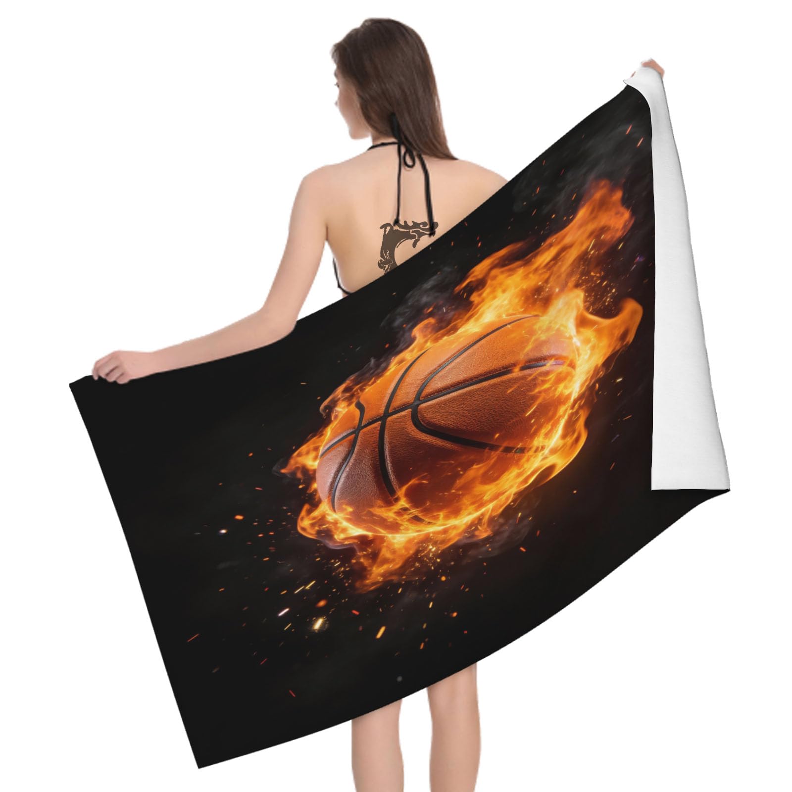 Leichong 3D Flame Basketball Beach Towel Microfiber Soft Quick Dry for Adults, Simple Themed Bath Towel Lightweight Soft Absorbent for Travel Swimming Pool Sports, 75 x 150 cm