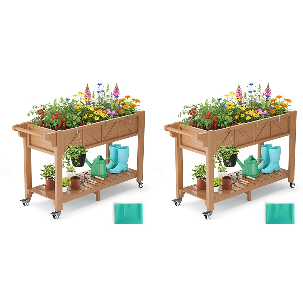 Hochbeet 120x44x70cm, Metall Hochbeet mit Rollen & Griff, 3 Haken & Vlieseinlage, Für Gemüse Blumen Kräuter, Garten Balkon Terrasse, Schwarz