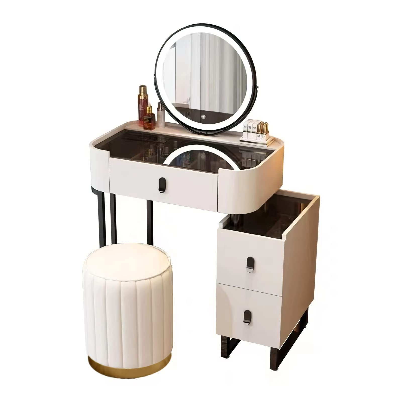 Amazon｜ドレッサー 鏡台 Dresser 強化ガラス天板 化粧台 スツール LED