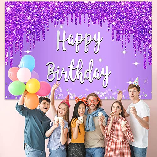7×5Ft Purple Happy Birthday Backdrop For Women Girls Party Purple Glitter Background Banner Sweet Princess Shiny Sliver Diamond Photography Props #TOP3