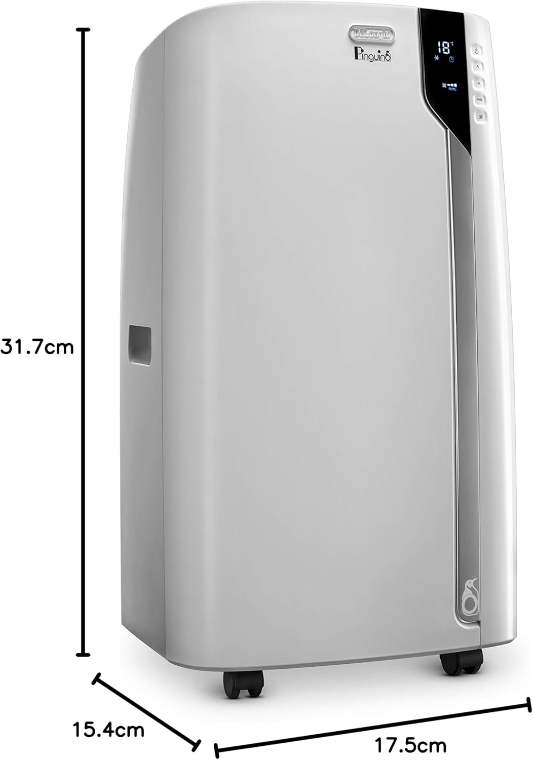 De'Longhi Portable Air Conditioner with dimensions labeled: 31.7cm height, 15.4cm depth, 17.5cm width.