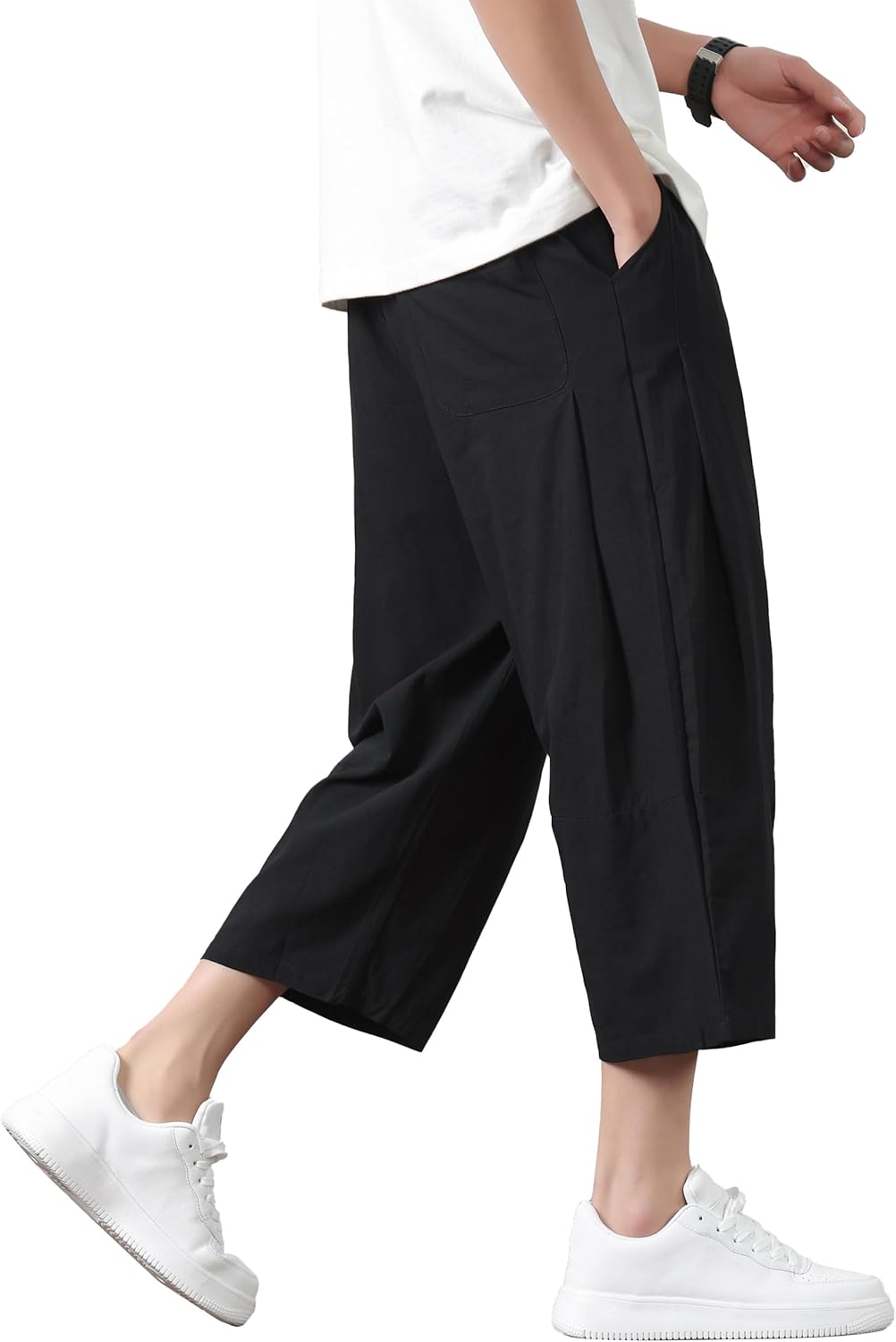 PRIJOUHE Mens Harem Pants Casual Lightweight Loose Fit Capri Pants Linen Beach Pants with Elastic Waistband - Image 3