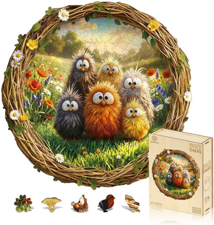 Jigfoxy Wooden Puzzles for Adults, Six Cute Little Chicks Wood Puzzles Adult, Unique Animal Shape Wooden Jigsaw Puzzles for Adults, Birthday Gifts for Puzzle Lovers, Friend (M-11.4 * 11.3in-210pcs)
