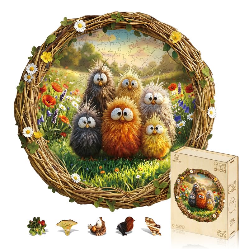 Jigfoxy Wooden Puzzles for Adults, 292-Piece Six Cute Little Chicks Jigsaw Puzzle, Unique Animal-Shaped Jigsaw Puzzle for Adults and Teens, Creative Gift with Premium Wooden Box,13.4 * 13.2in โ image 1