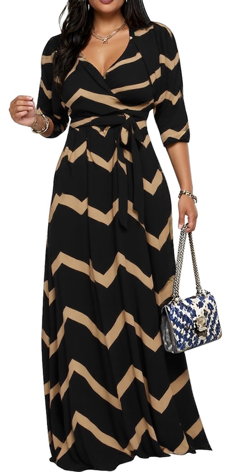 Women's Church Maxi Wrap V Neck 3/4 Sleeve Tie Waist Plus Size Long Dress