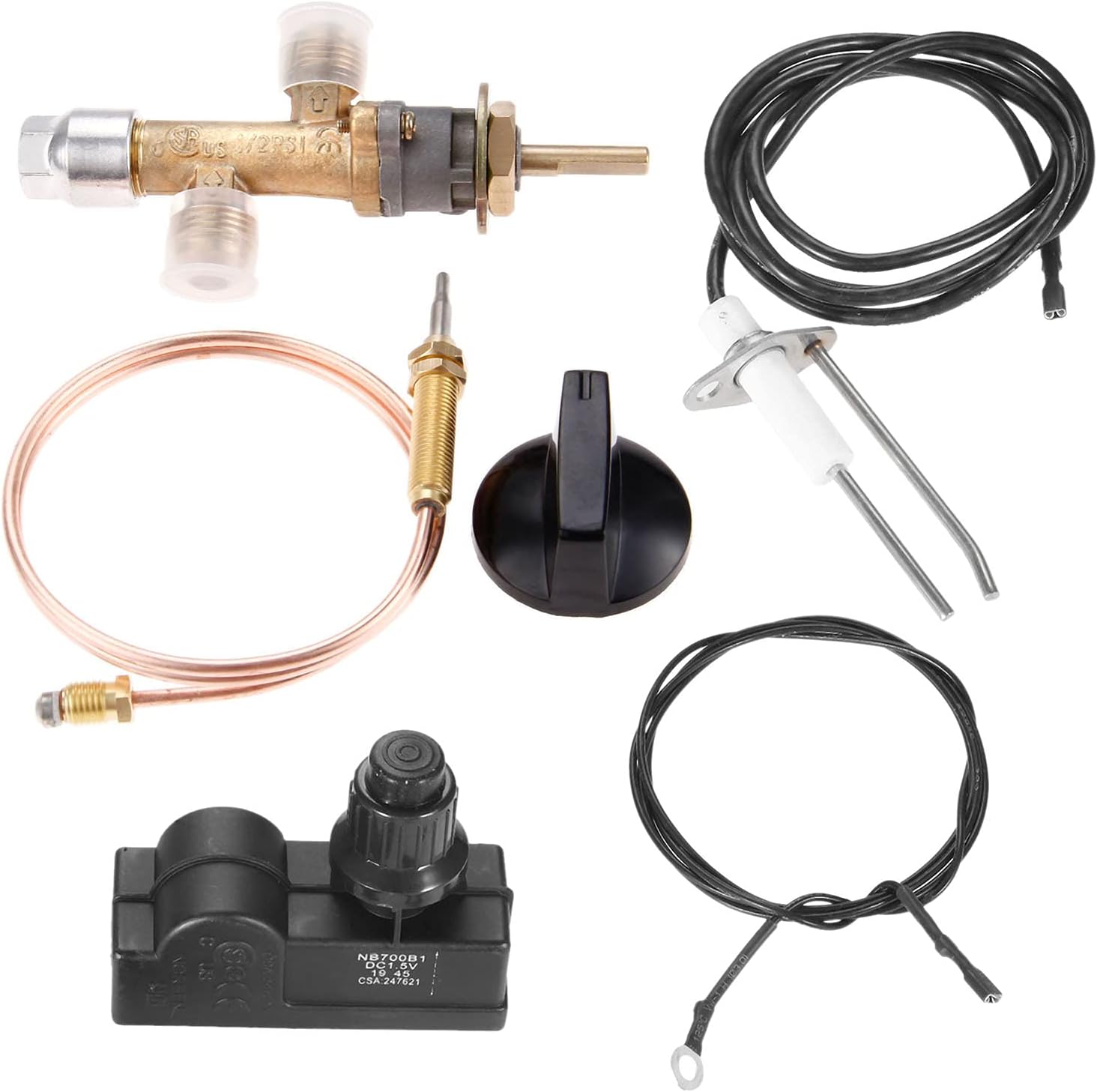gohantee Gas Fire Pit Control Safety Valve Universal Gas Thermocouple Kit, Spark Generator Igniter 2 Outlet with Wire 60cm for Gas Grill, Fireplace BBQ