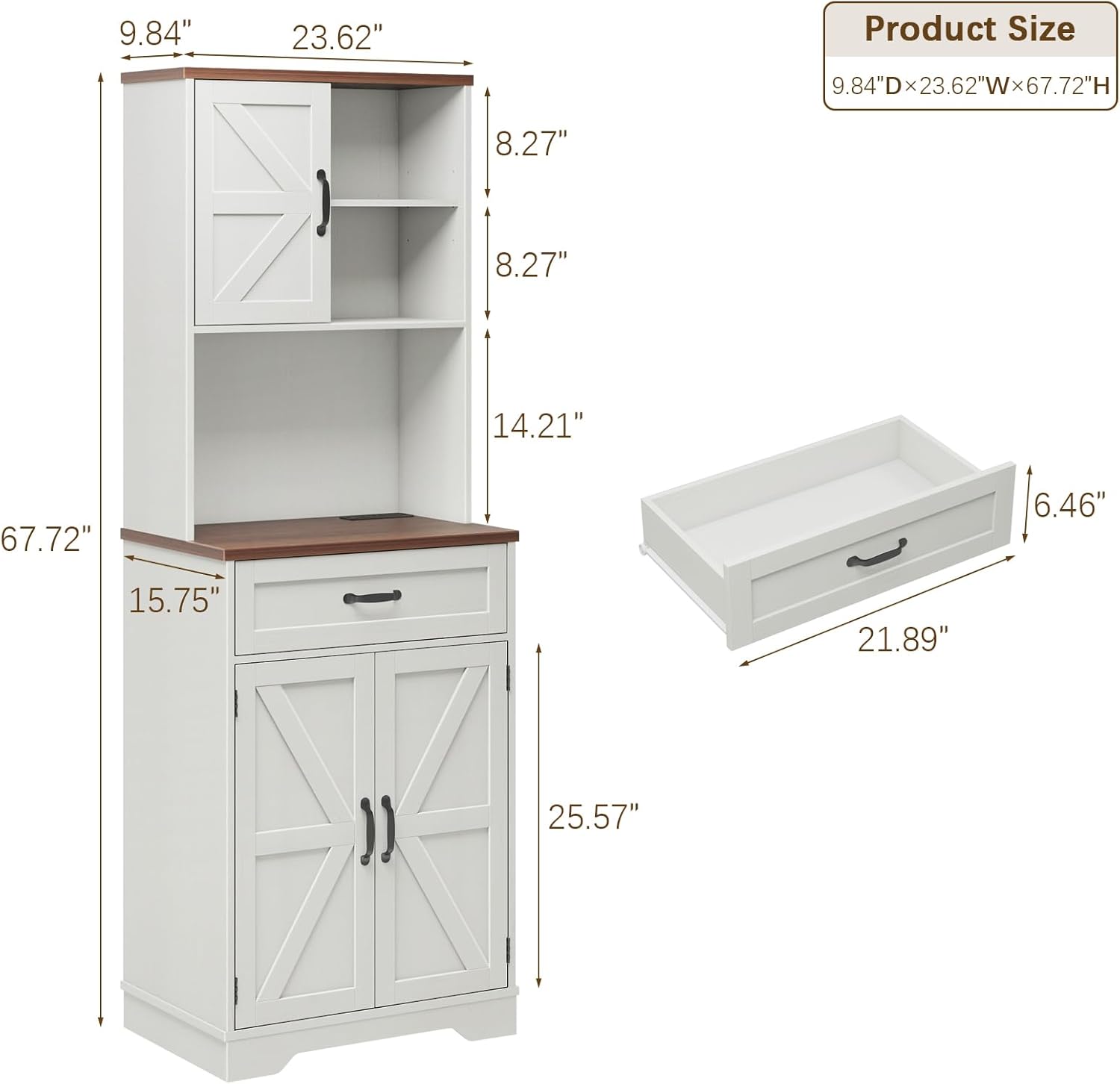 Tall Kitchen Pantry Storage Cabinet, Farmhouse Storage with LED Light & Charging Station, Large Capacity Bathroom Cabinet with Drawer, Freestanding Cupboard for Kitchen, Dining Room, Rustic White