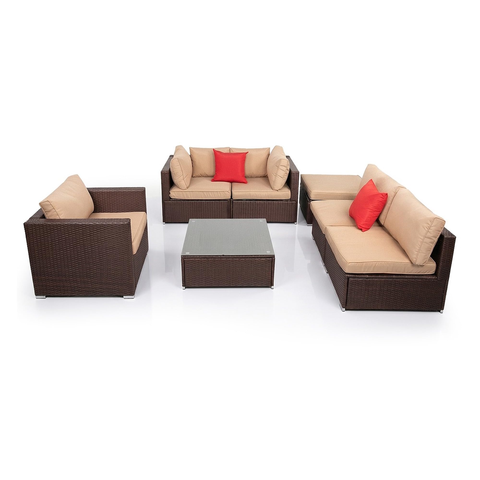Conjunto de Muebles de Jardín Karl 7 Piezas, Sofá de Exterior Seccional de Ratán Sintético PE, Estructura de Hierro, Cojines de 8 cm y Mesa con Cristal Templado, Marrón