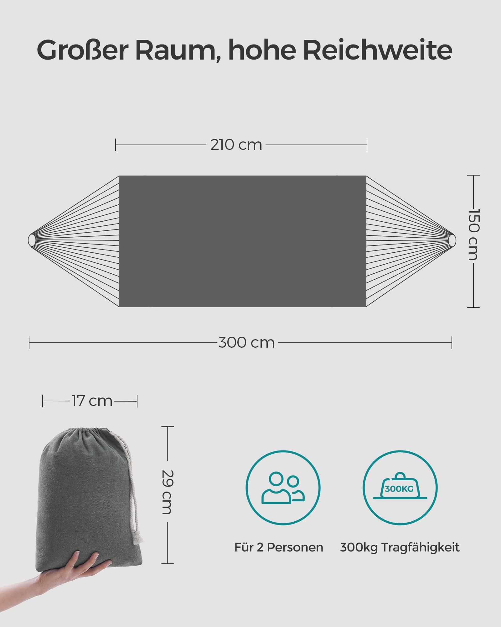SONGMICS Hängematte 210x150cm Doppel Hängematte 300kg Tragkraft für Terrasse Balkon Garten Outdoor Camping mit Tragetasche, Befestigungsgurte und Karabiner, Grau GDC15GY