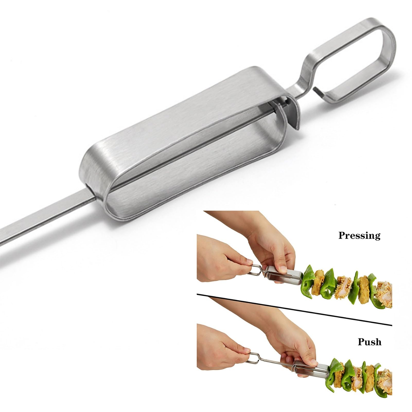 Brochetas Reutilizables Kabob, brochetas for Asar de Acero Inoxidable, palillo for brochetas con Barra de Empuje, for Carne, camarones, Pollo, 10 Piezas (Size : 45cm)