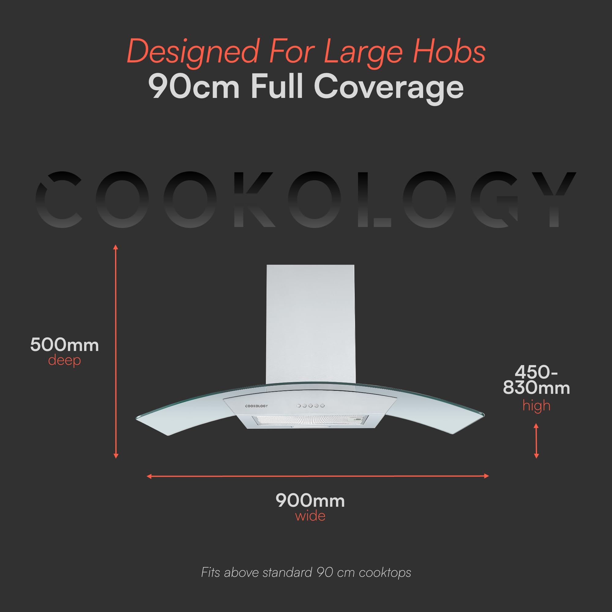 Cookology Curved Glass Chimney Cooker Hood, Wall Mounted Extractor Fan, LED lighting, Adjustable Height (Stainless Steel, 90cm) — view 4