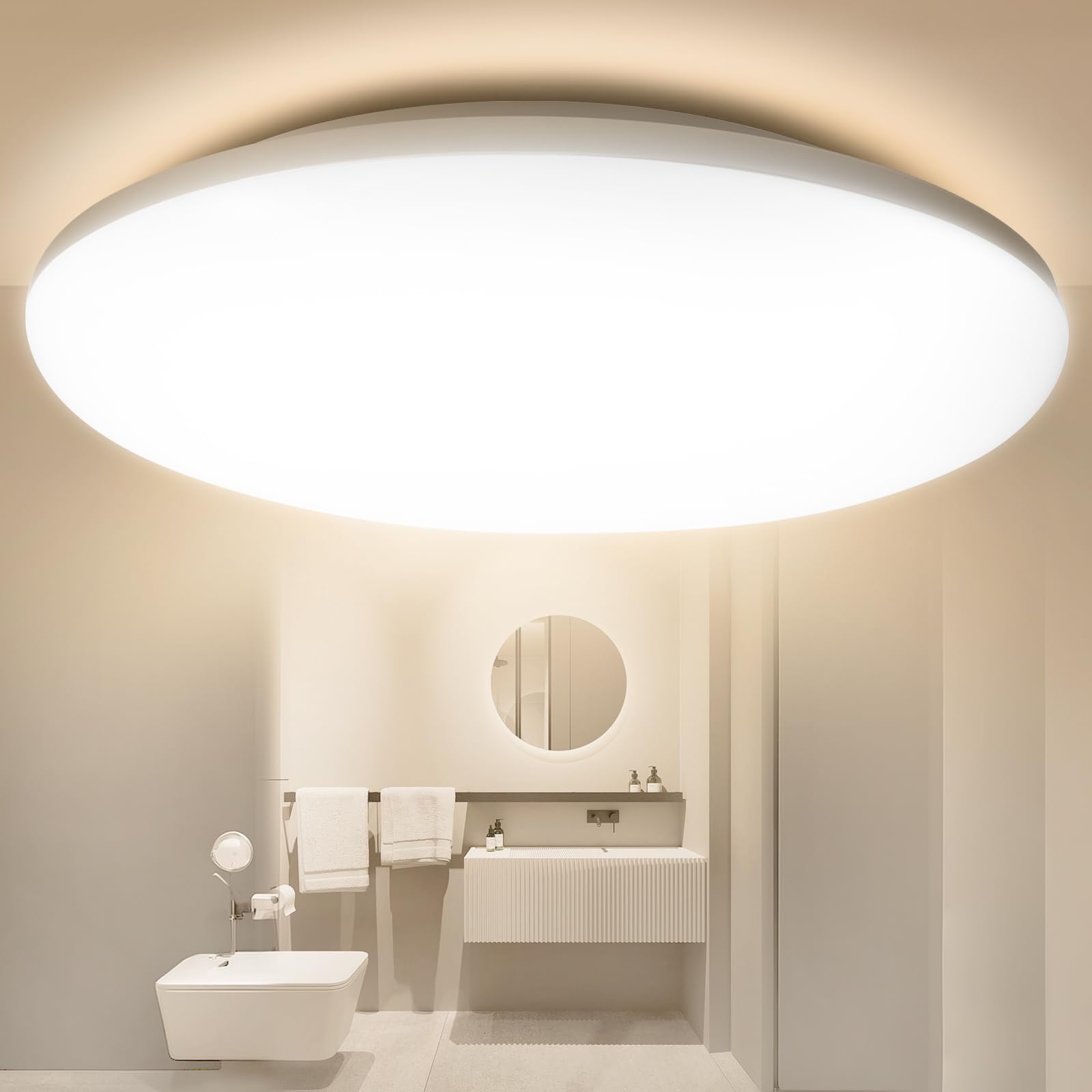 genatu Bathroom Light,Waterproof IP65 Ceiling Lights,22W,3000K,3080LM,Ø28cm Round,No Flicker & CRI>80,Flush Ceiling Light for Kitchen,Bathroom,Hallway,Bedroom