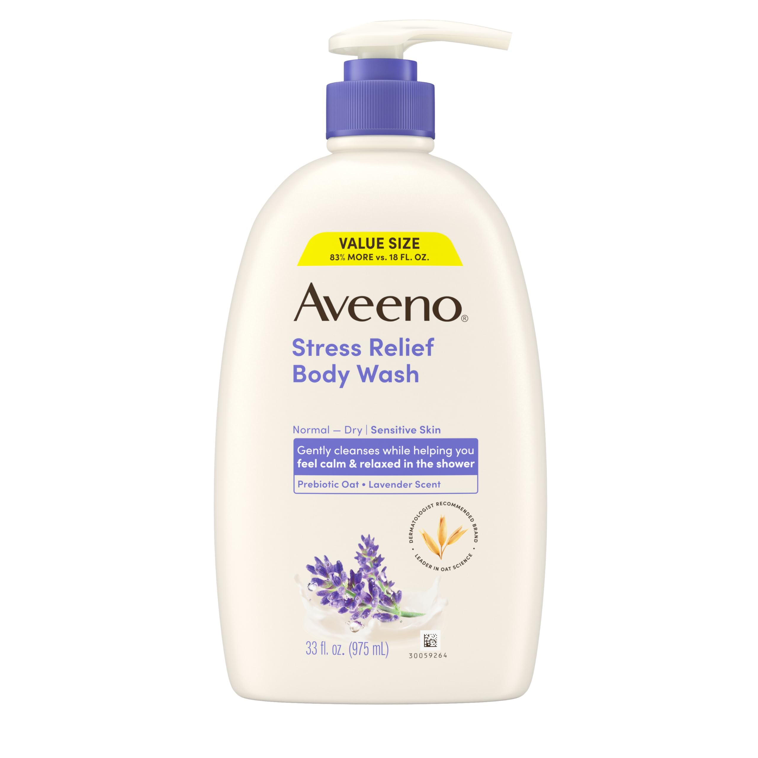 Aveeno Stress Relief Body Wash with Nourishing Oat & Lavender Scent for Sensitive Skin, Gently Cleanses & Helps You Feel Calm & Relaxed in the Shower, Soap-Free, 33 fl. oz