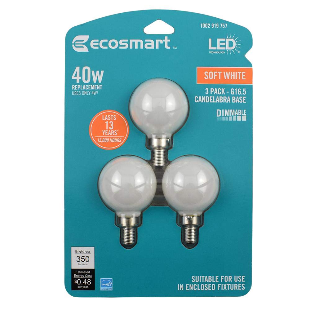 EcoSmart40-Watt Equivalent G16.5 Dimmable Energy Star Frosted Filament LED Light Bulb Soft White (3-Pack)