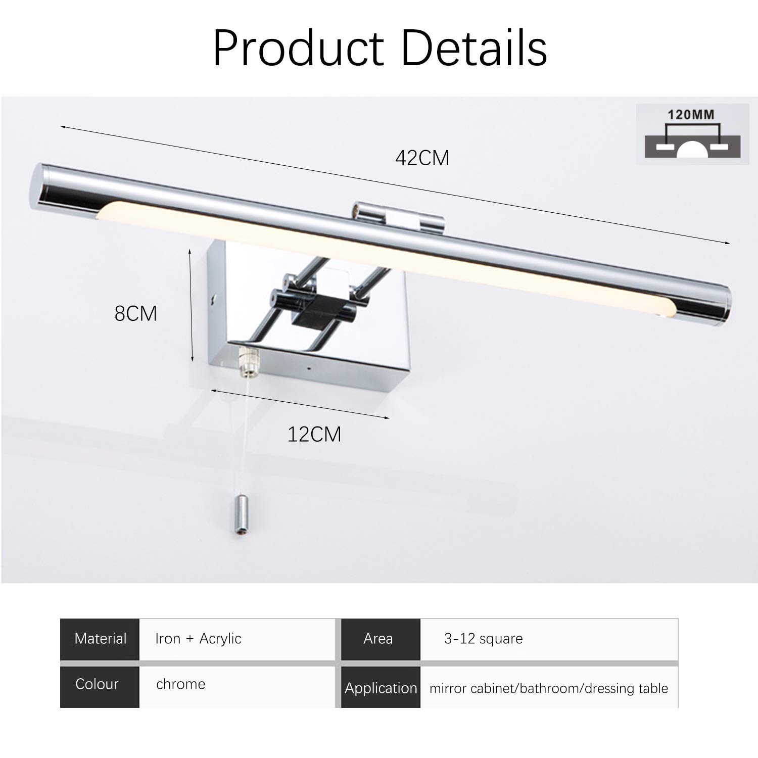 ACMHNC LED Badezimmer Spiegelleuchte Mit Schalter, Modern Chrom Spiegellampe Bad Spiegel Beleuchtung, 4000K Badlampe Schminktisch Schminklicht 240 ° Drehbar IP44 Wandlampe Badezimmerlampe,42cm/8w