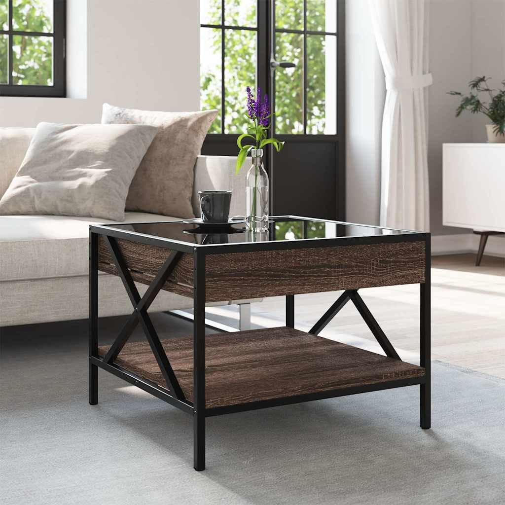Stolik kawowy z diodami LED Infinity o wyglądzie brązowego dębu, 50 x 50 x 38 cm, materiał drewnopochodny z metalowymi nóżkami, uniwersalny stolik pomocniczy i stolik do odkładania do salonu