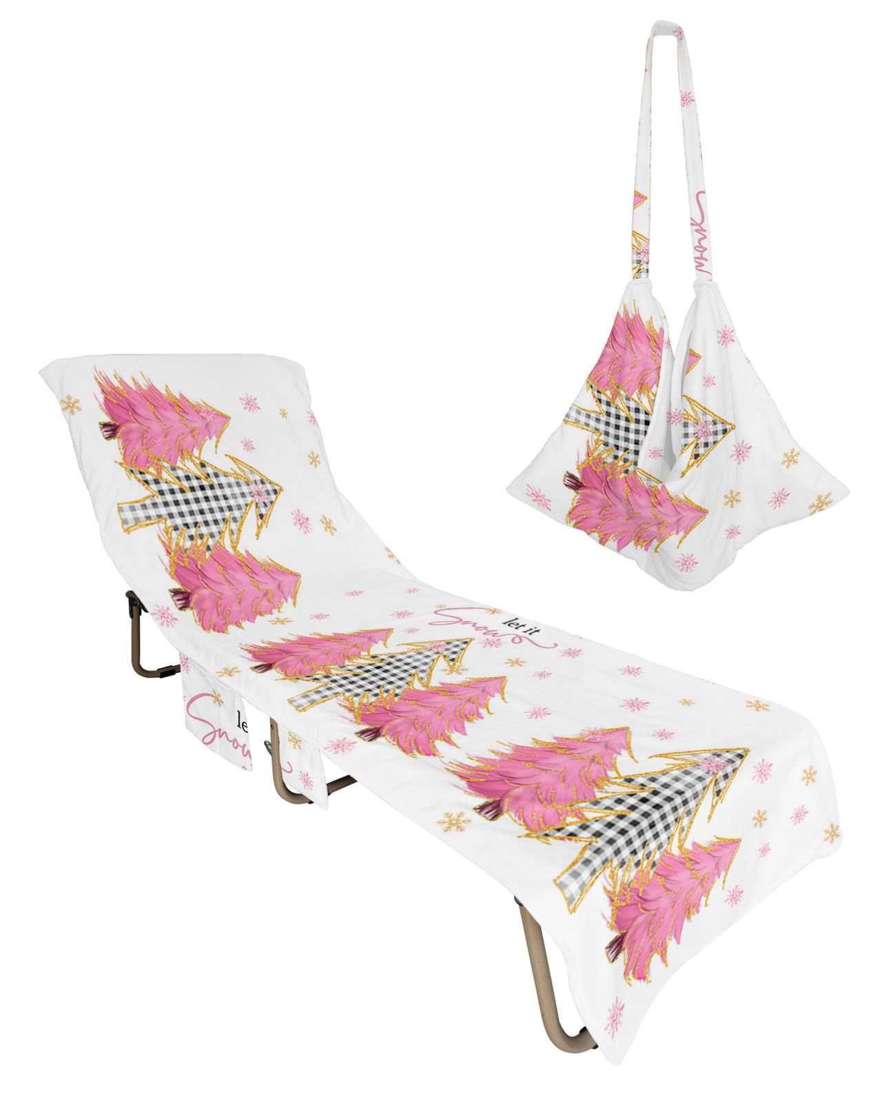 Christmas Tree Beach Chair Towel Covers for Chaise Lounge with Side Pocket, Soft Plush Pool Towels Cover for Patio Sunbathing Outdoor 29''x85'' Blush Pink Gold Snowflakes Buffalo Plaid