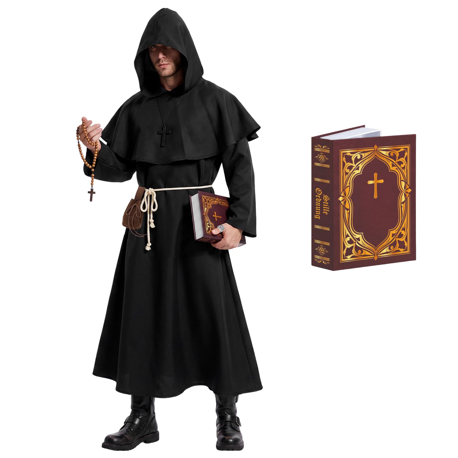 AuSletie Halloween Costume Men, Medieval Monk's Robe with Hood Cape, Classic Notebooks, Cross Decorations, Ring and Belt Pouch, Renaissance Fancy Monk Costume for Carnival Halloween (L)