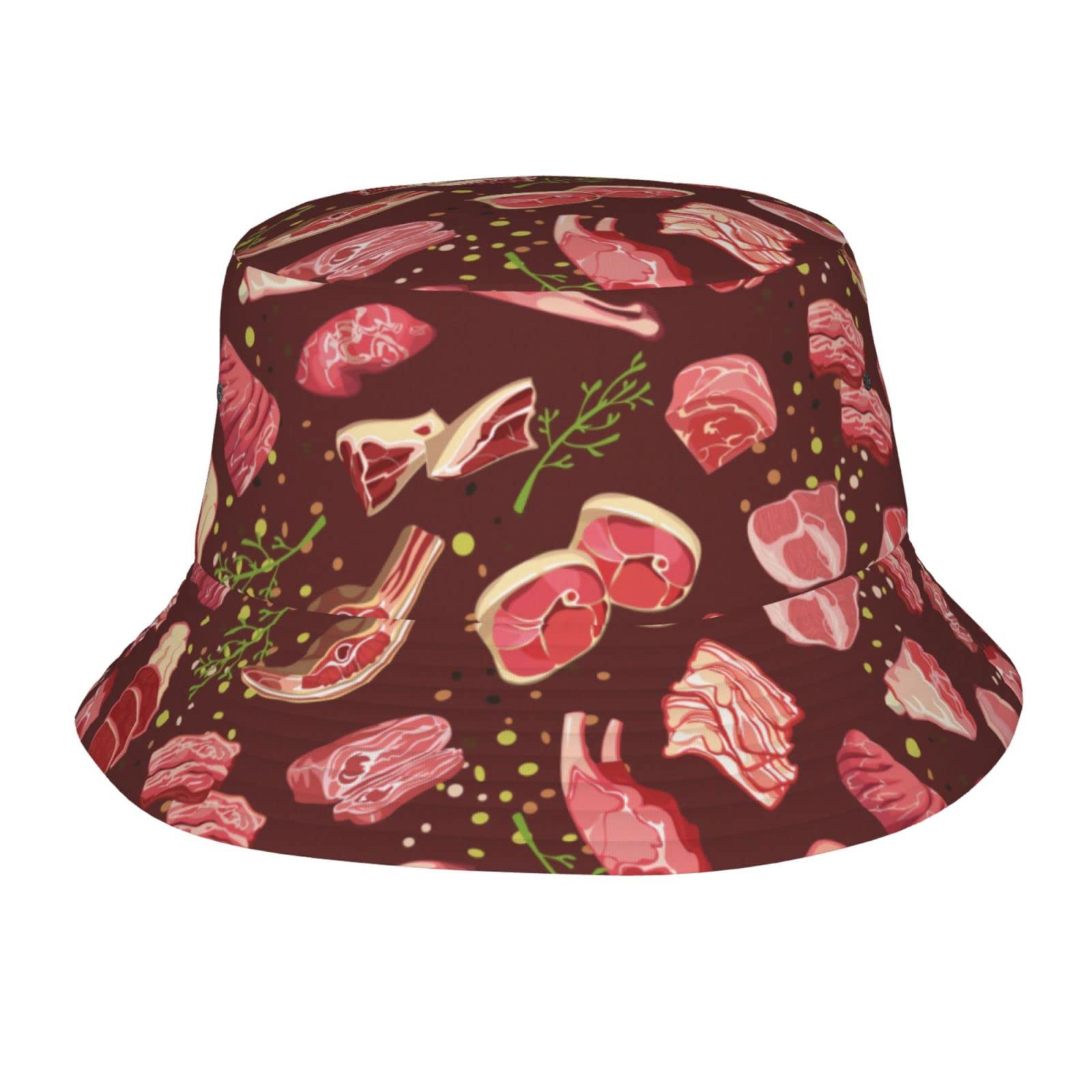 Lsjuee Unisex As Pic Delicious Steak Pattern Bucket Hat Fashion Sun Cap Packable Outdoor Fisherman Hat For Women And Men Teens Beach Caps Fishing Cap Black