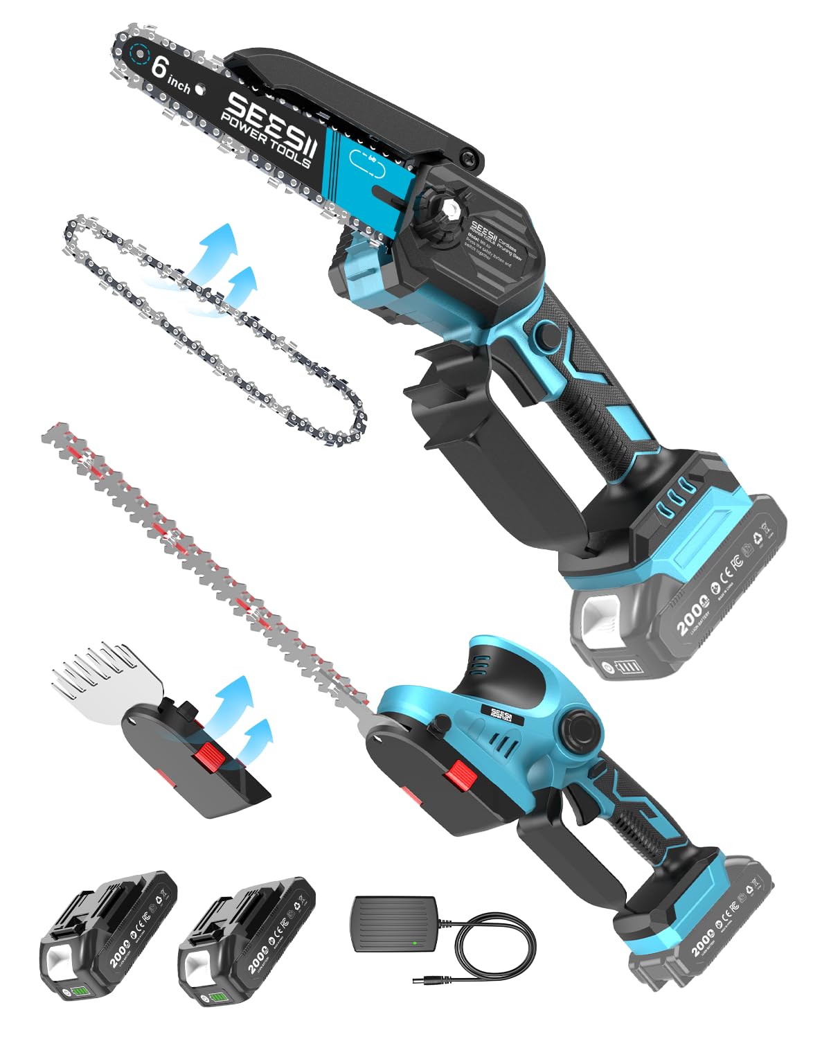 SEESII 3-in-1 Motosega a Batteria & Tagliasiepi & Forbici Tagliaerba Set | Mini Motosega con 2*2000 mAh Batterie, Sistema Combinato Leggero per Potatura Alberi, Cura delle Siepi e Rifinitura Prato