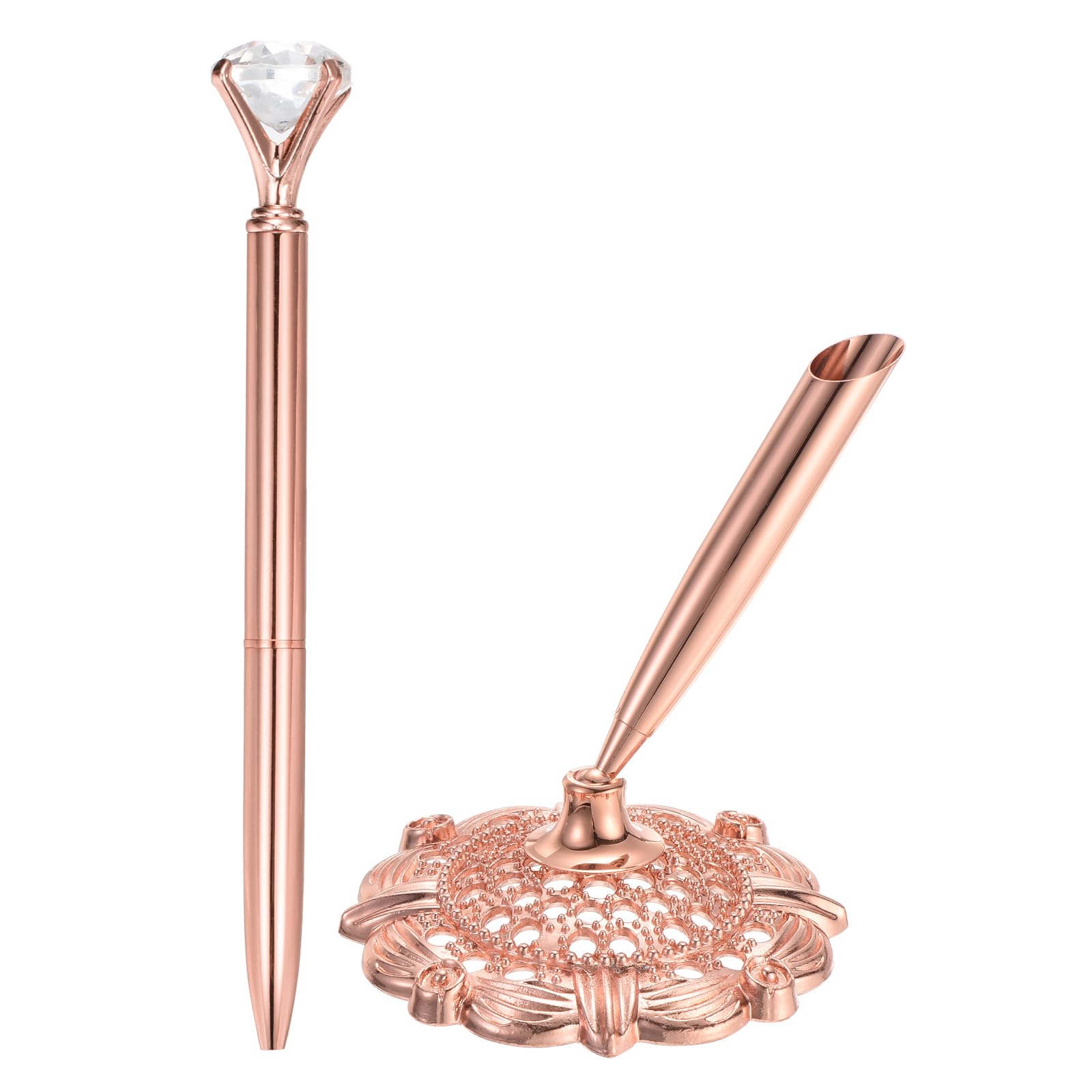 PATIKIL Hollow Round Pen Holder Signing Pen Set, Wedding Pen with Big Crystal Diamond and Pen Holder for Wedding Guests Book Engagement Opening Ceremony, Rose Gold