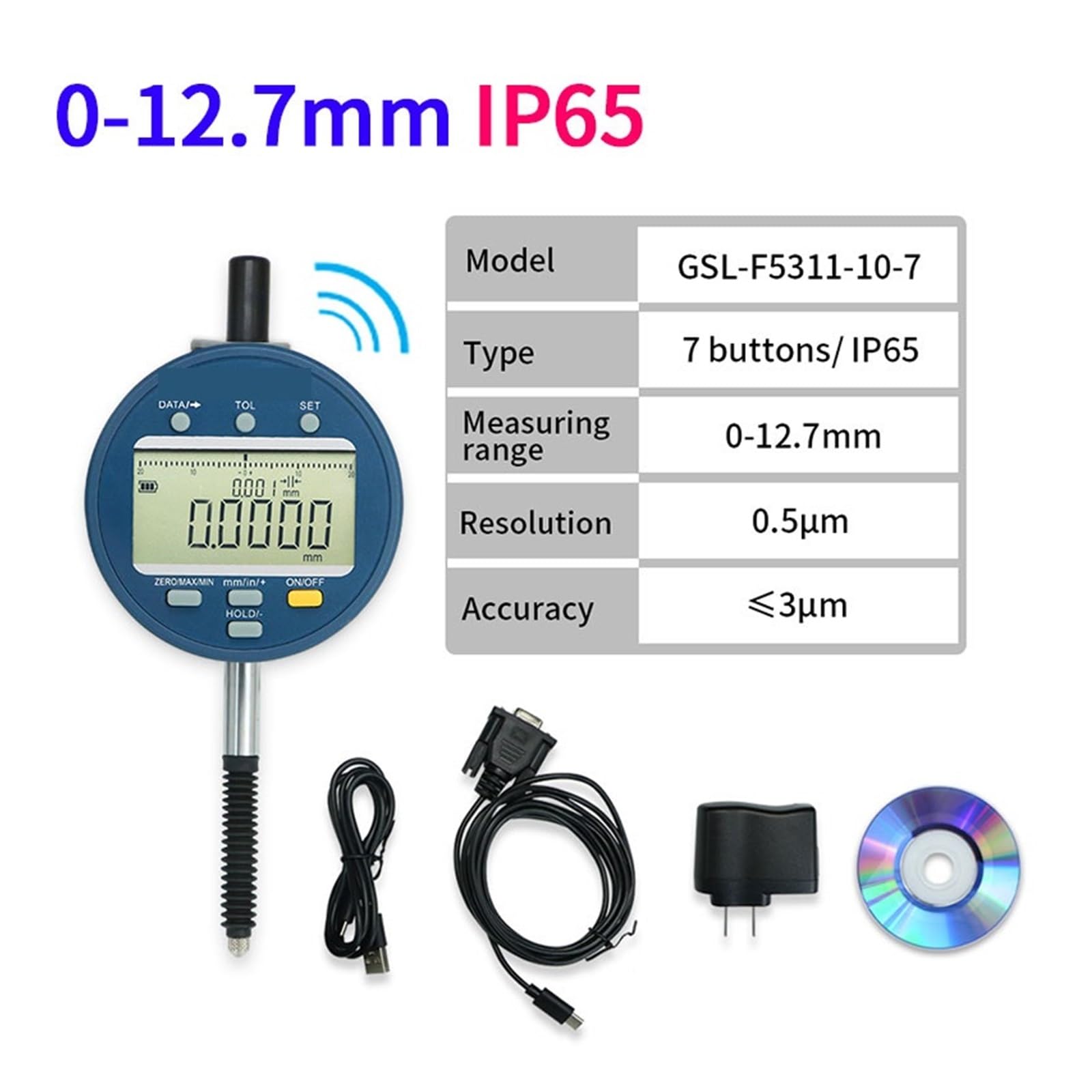 Bezprzewodowy wskaźnik cyfrowy Rozdzielczość 0,5 μm Elektroniczny IP54 0-12,7/25,4 50,8 mm Z akumulatorem,Przyrząd Pomiarowy(0-12.7mm 1)