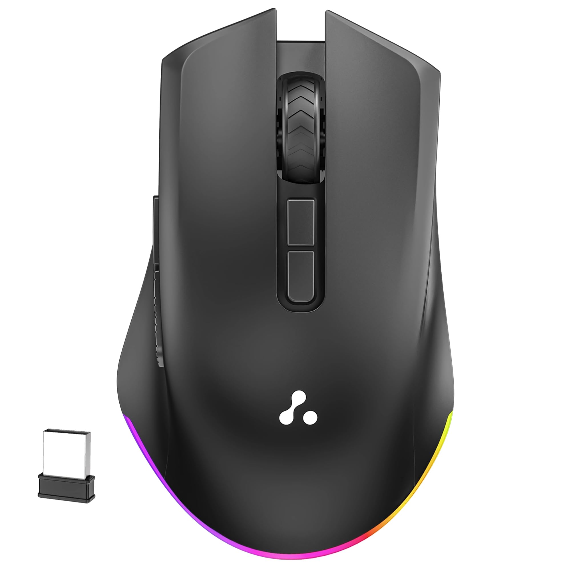 Ambrane Wireless & Bluetooth Rechargeable Mouse with RGB Lights, 7 Buttons, 1600 Adjustable DPI, Ergonomic Design, Connects 3 Devices, 15 Days Battery, 2.4GHz USB, Type C Charging (Sliq Glow, Black)