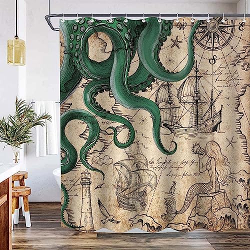 Fungarth Vintage Green Nautical Octopus Shower Curtain Mermaid Funny Ocean Kraken Shower Curtains for Bathroom Cool Anchor Coastal Map Waterproof Fabric Bath Curtain with Hooks (Retro2, 72” x 72”) by Fungarth - Used condition - Image 2