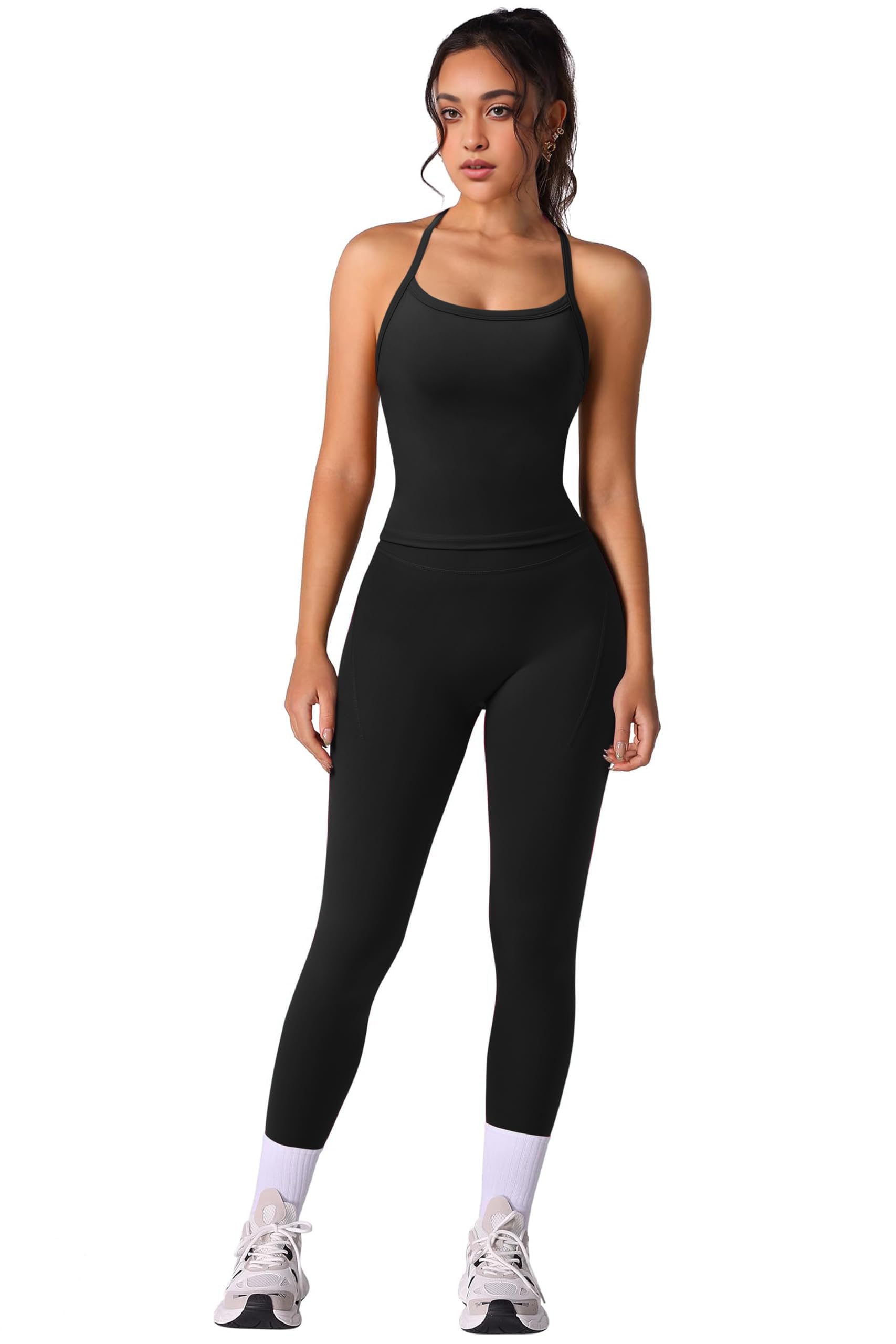RXRXCOCO Cross Back Sport Sets für Damen 2 Teilige Gepolsterte Tank-Tops mit Versteckten Scrunch Leggings Fitness Outfits mit Taschen