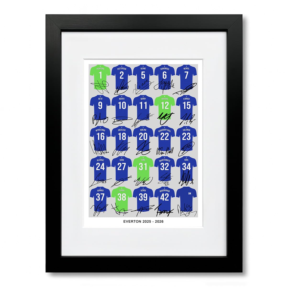 Everton Team Squad 2025-2026 Signed Poster Print Framed Picture Photo Autograph Gift 25/26 Pickford Grealish Ndiaye Mcneil (A4 Framed & Mounted Squad)