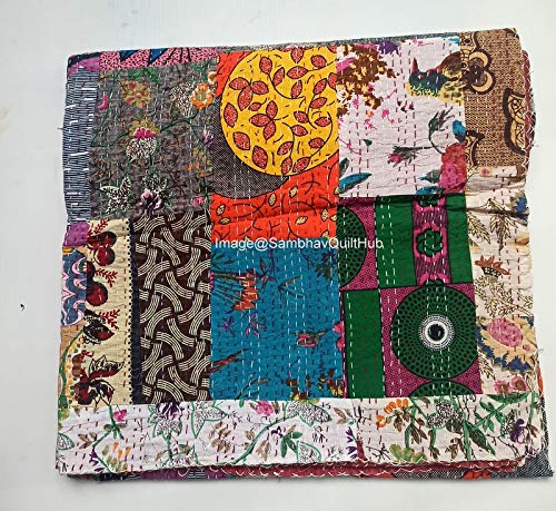 Cobija reversible con estampado de retazos florales para cama Queen/Twin/King, colcha india Kantha con costuras étnicas, colcha bohemia floral Kantha (90 x 108 pulgadas)