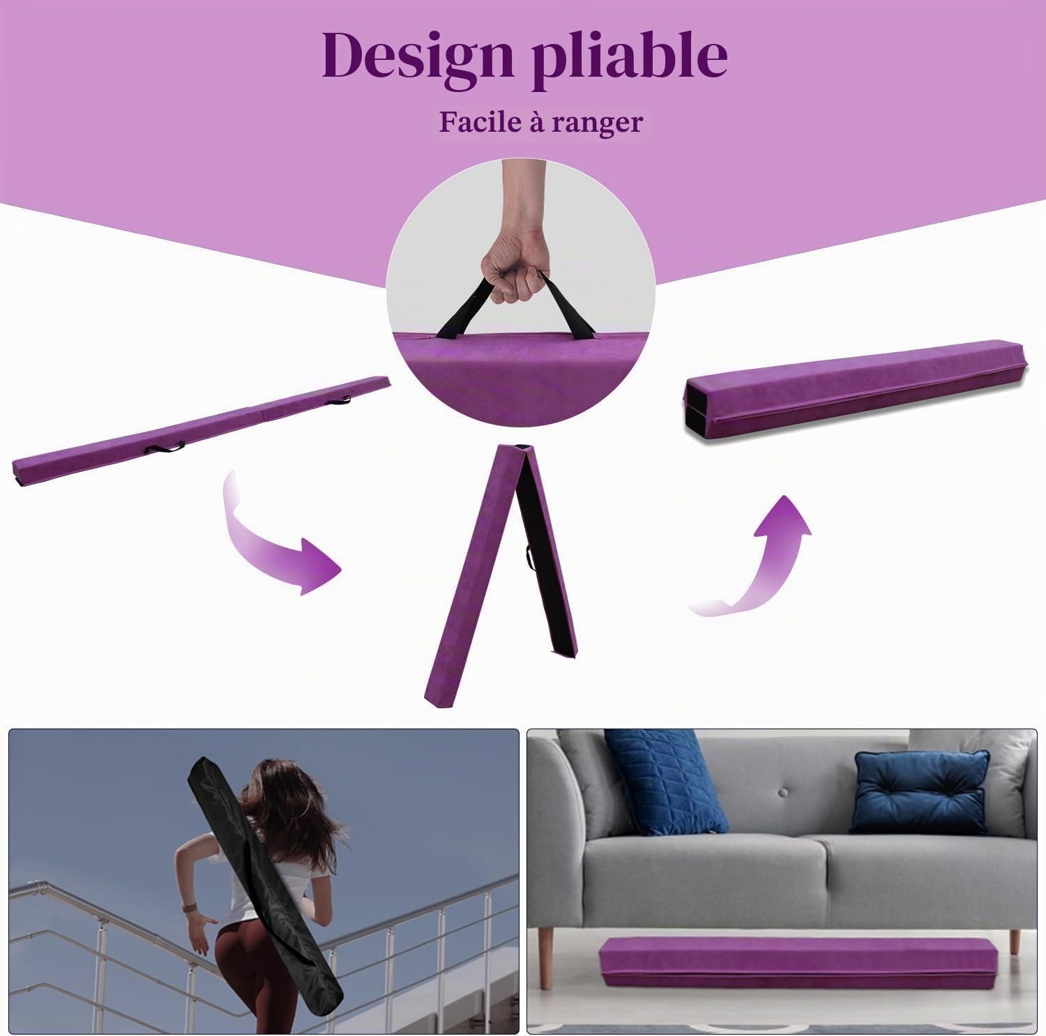 Poutre Gymnastique Pliable 240 cm, Poutre de Gymnastique Entraînement Portative pour Enfants et Adultes, Poutre d'equilibre vec Sac de Transport, pour débutants et Gymnastes Professionnels