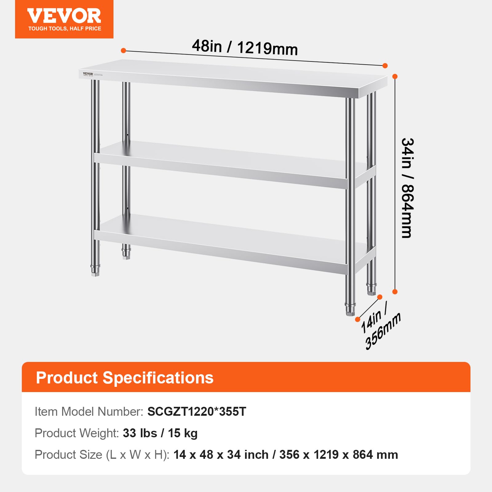 VEVOR Mesa de Preparación de Alimentos 356x1219x864 mm de Acero Inoxidable Con 2 Estantes Inferiores Ajustables para Parrilla, Cocina, Hogar