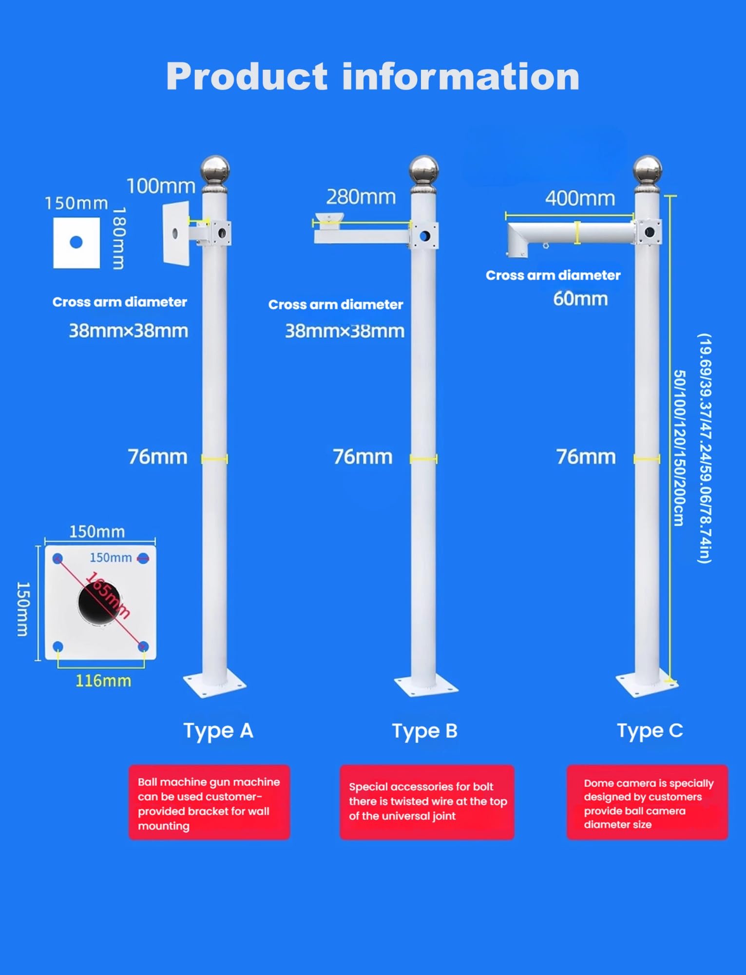 Wysięgnik kamery, odporny na warunki atmosferyczne, 200 cm (78,74"), regulowany pionowy słupek do nadzoru zewnętrznego, trwały i stabilny w każdą pogodę.
