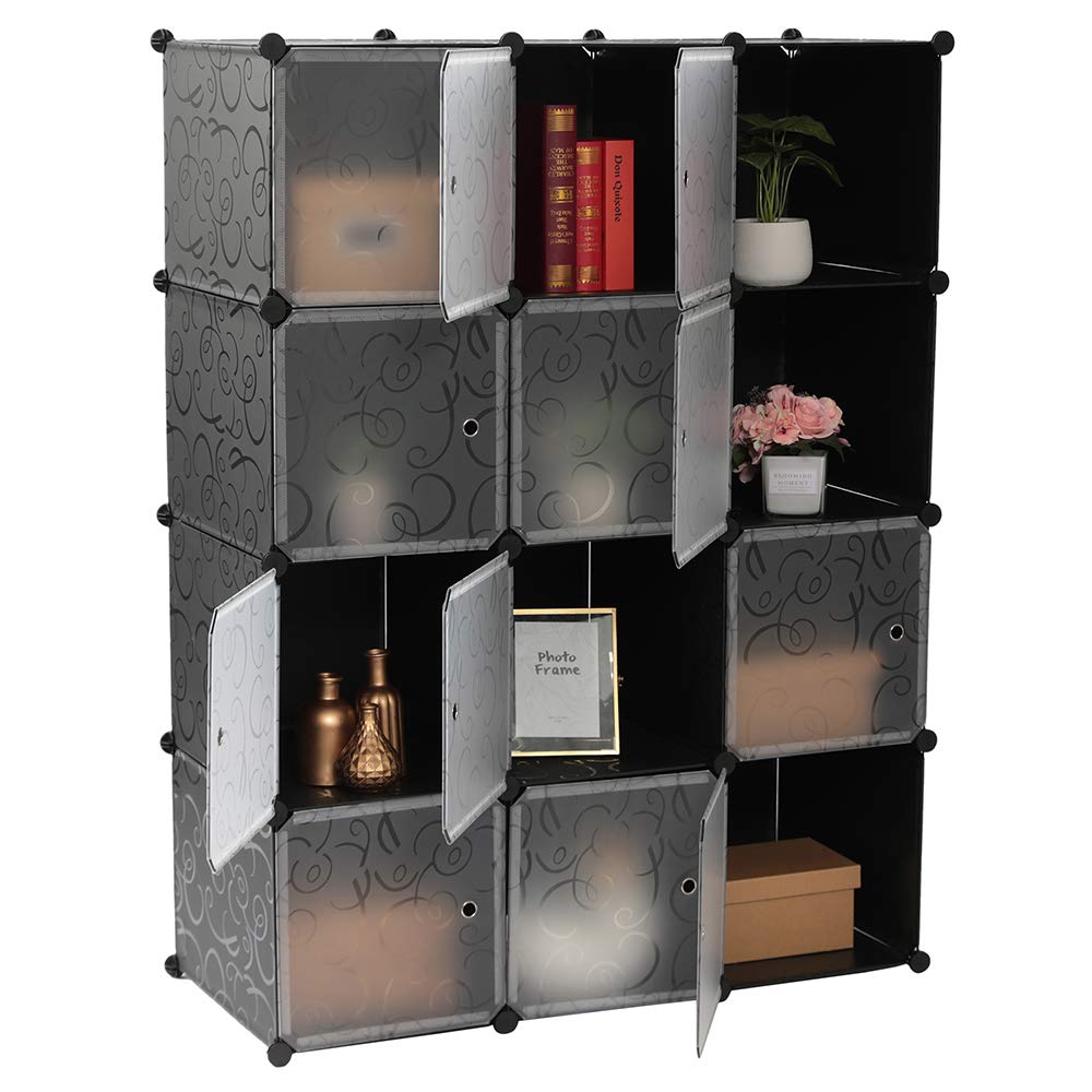 BueuweCube Storage Closet Organizer, DIY Storage Shelves Cabinet with Doors for Books, Clothes, Shoes, Toys, Artworks, Decorations, Handbags,Black,12cells